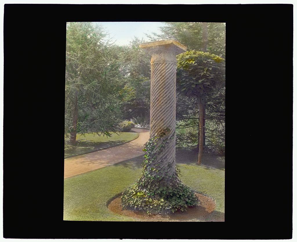 An ivy-covered twisted column in the garden at The Breakers, Newport, in a hand-tinted lantern slide