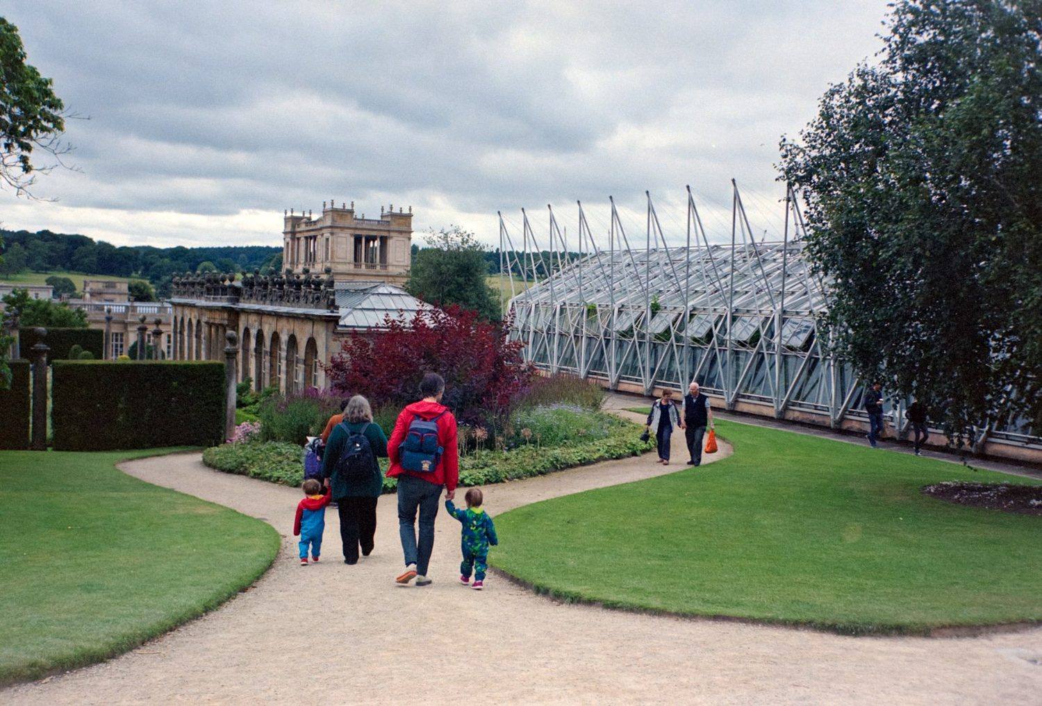 The gardens at Chatsworth House, with the Orangery and Display Greenhouse