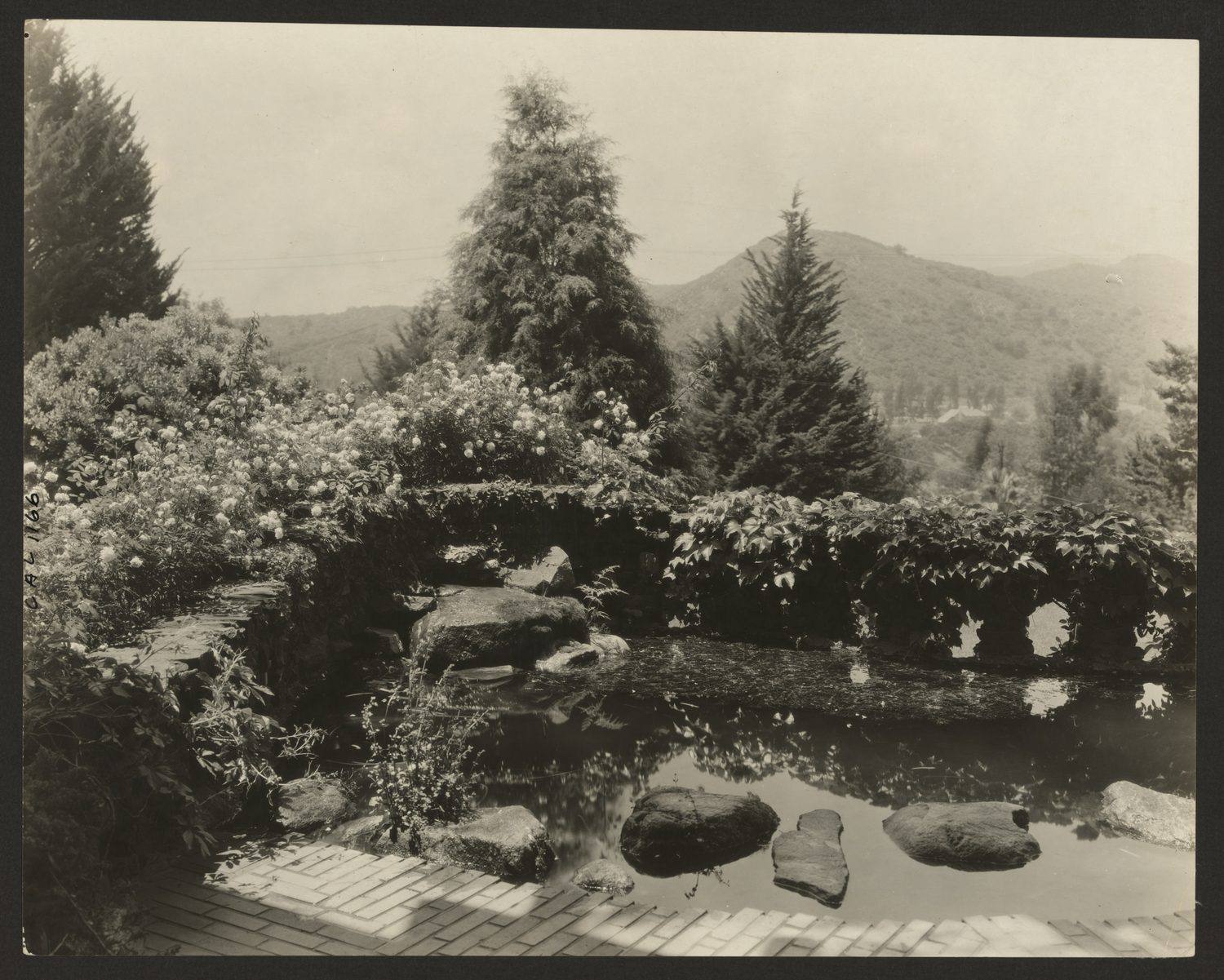 The water terrace of the Gamble House in 1917, photographed by Frances Benjamin Johnston