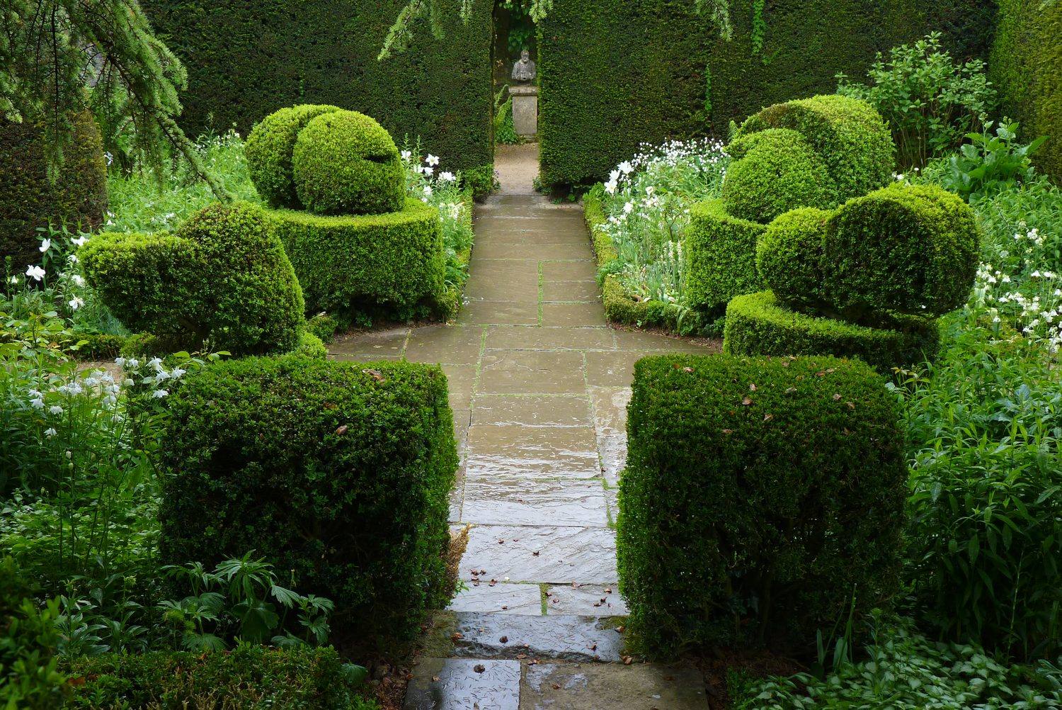 White Garden at Hidcote Manor Garden with box topiary birds flanking a stone path