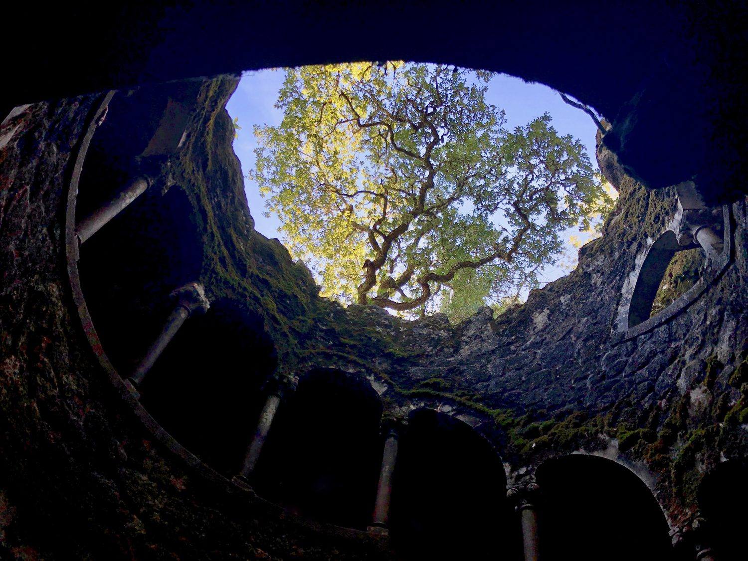 The Initiation Well at Quinta da Regaleira, looking up toward the light