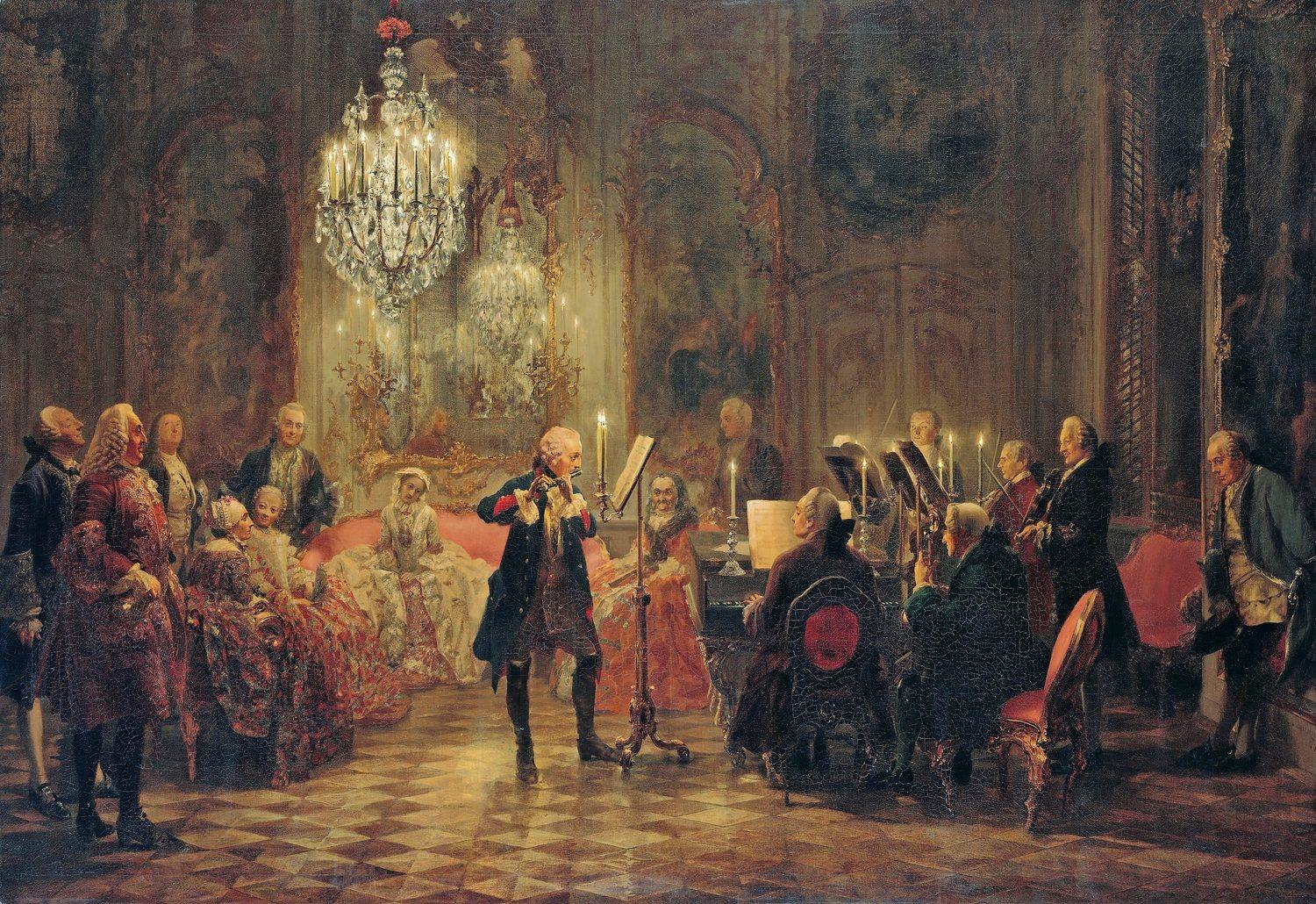 Adolph von Menzel's painting of Frederick the Great playing the flute in the music room at Sanssouci
