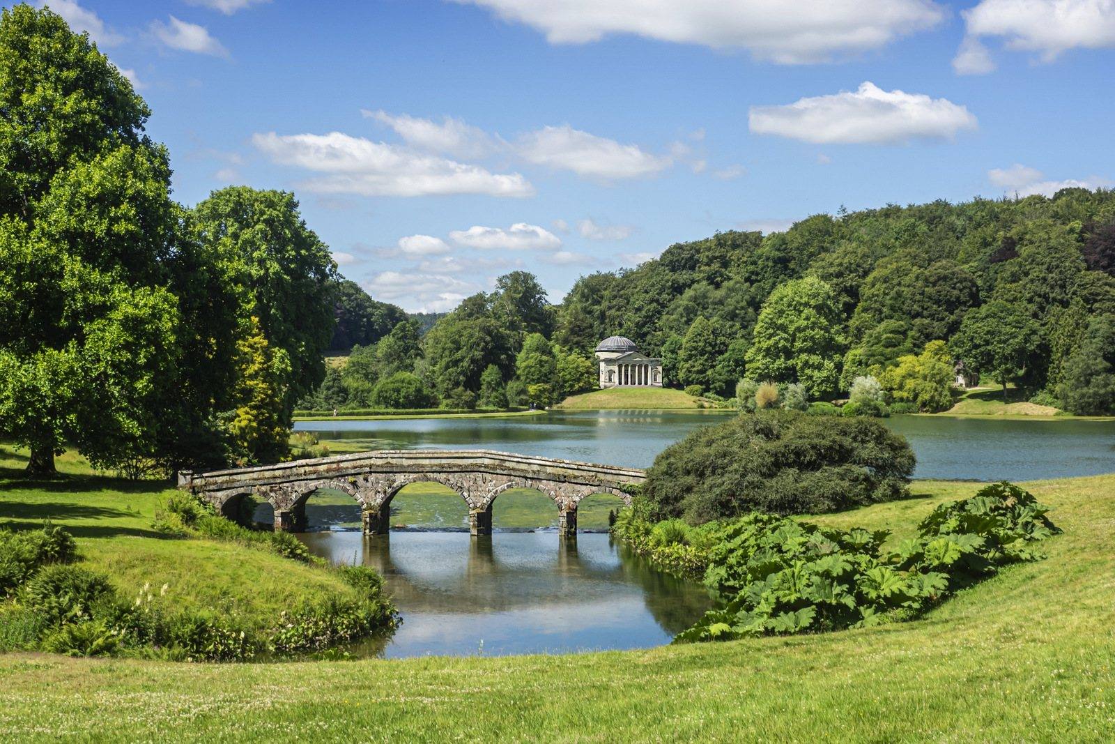Stourhead garden, Wiltshire, the Palladian Bridge over the lake with the Pantheon beyond